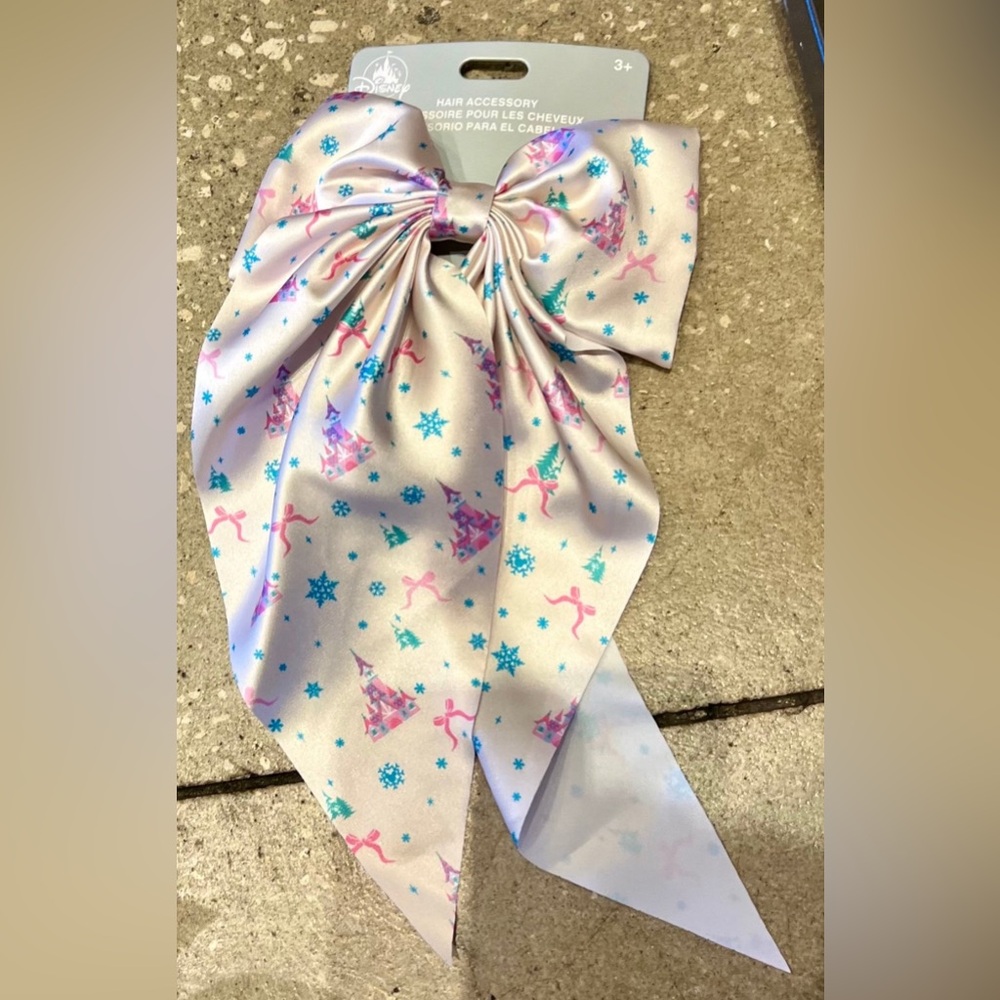 2025 Disney Parks Pink Christmas Snowflake Castle Hair Accessory Bow Ribbon New